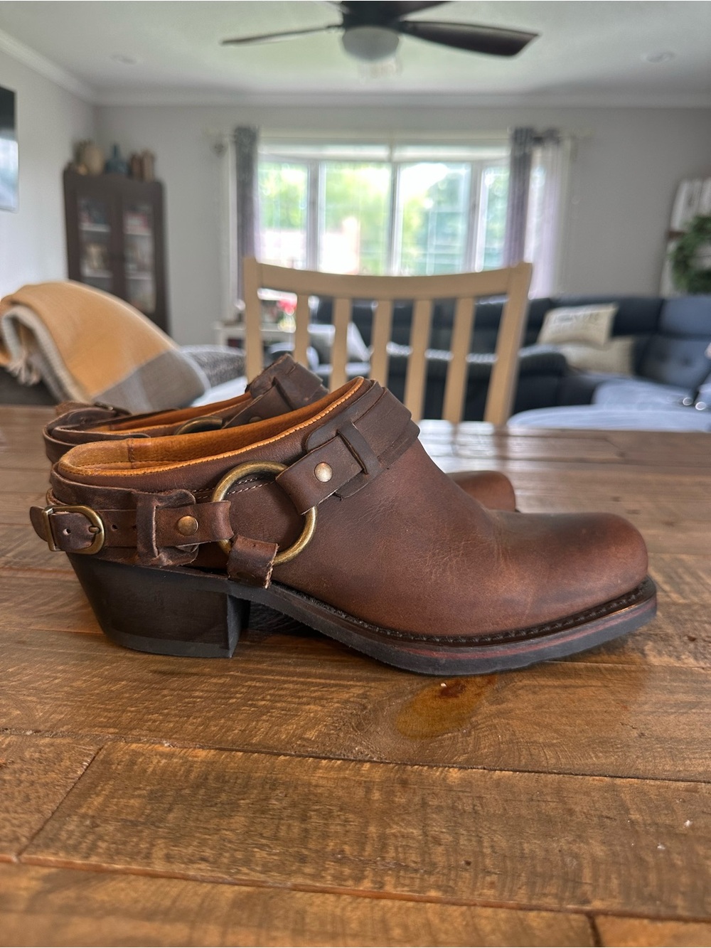 Frye Brown Leather Belted Harness Mules Size 8.5